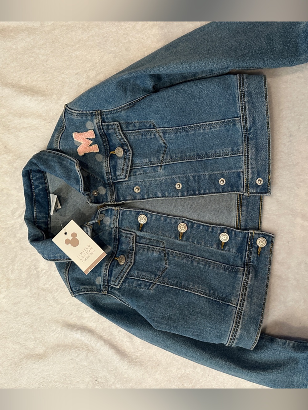 Disney Girls Blue Denim Jacket with Pink 'M' Patch